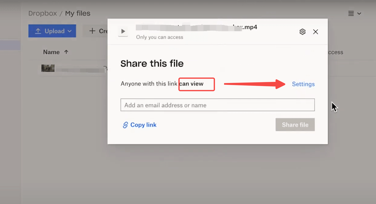 Dropbox interface with share link