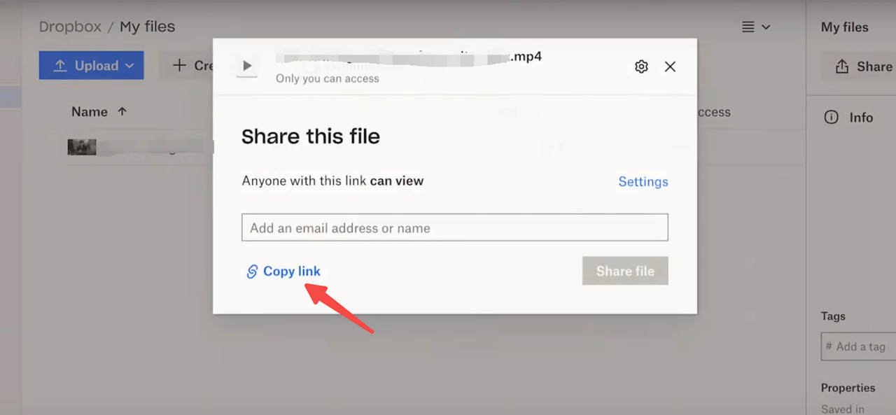 Dropbox interface with copy share link