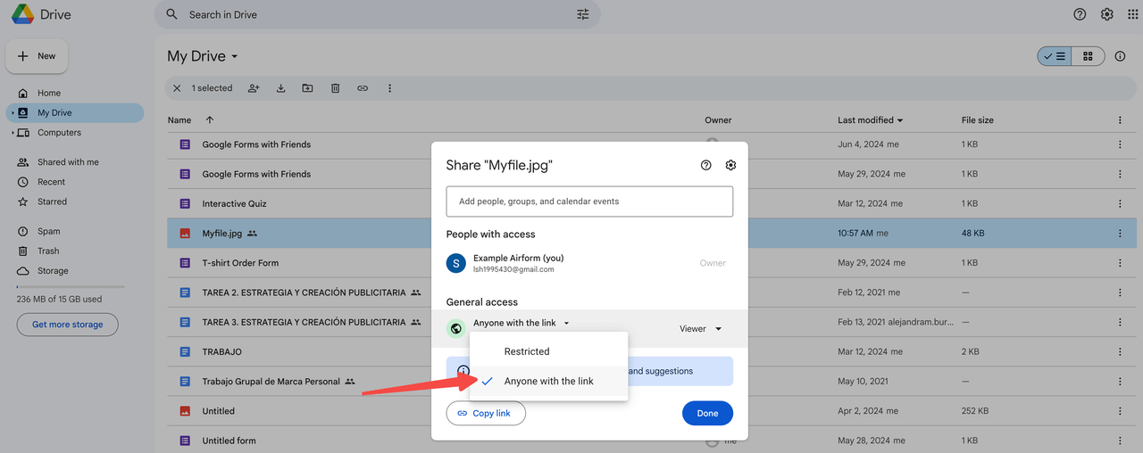 Google Drive interface with share link