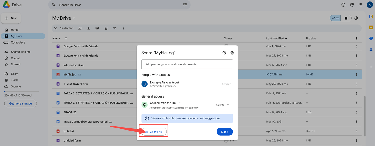 Google Drive interface with file selection