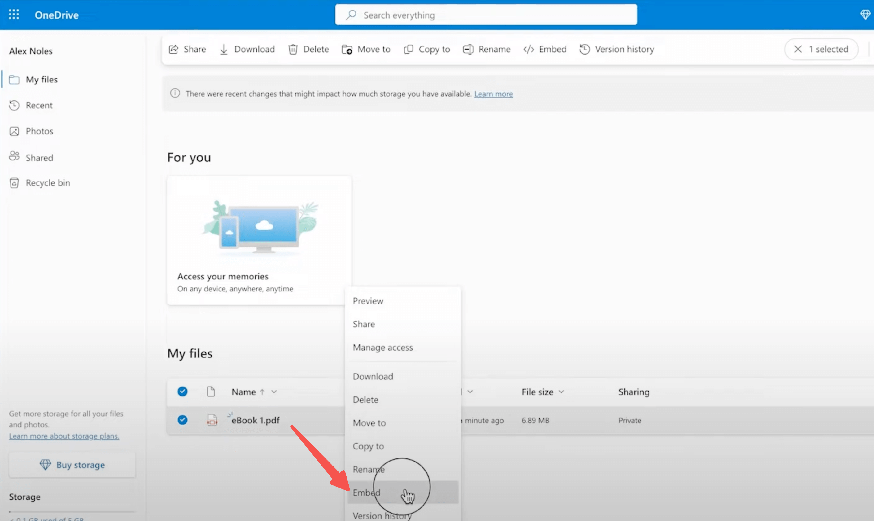 OneDrive interface with file selection