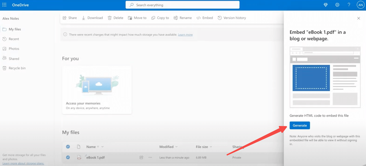 OneDrive interface with embed code