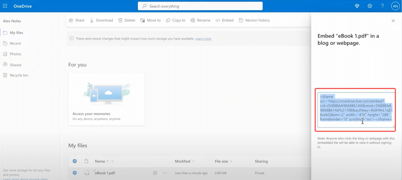 OneDrive interface with embed code